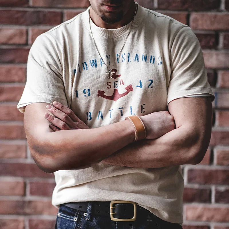 Maden Vintage Letter Print Cotton Short Sleeve T-Shirt Men's Summer Loose Fit Ribbed Crew Neck Tee Casual Street Tops for Daily.