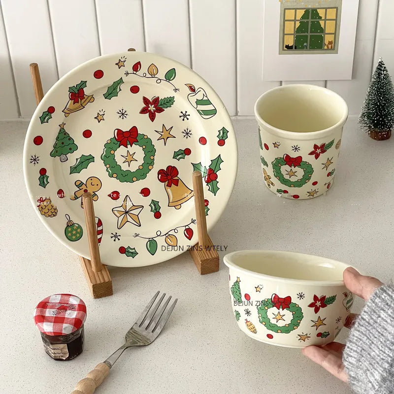 Cute Ceramic Plates Christmas Party Desserts Cake Plates Children's Breakfast Milk Cups Household Kitchen Ceramic Noodle Bowls.