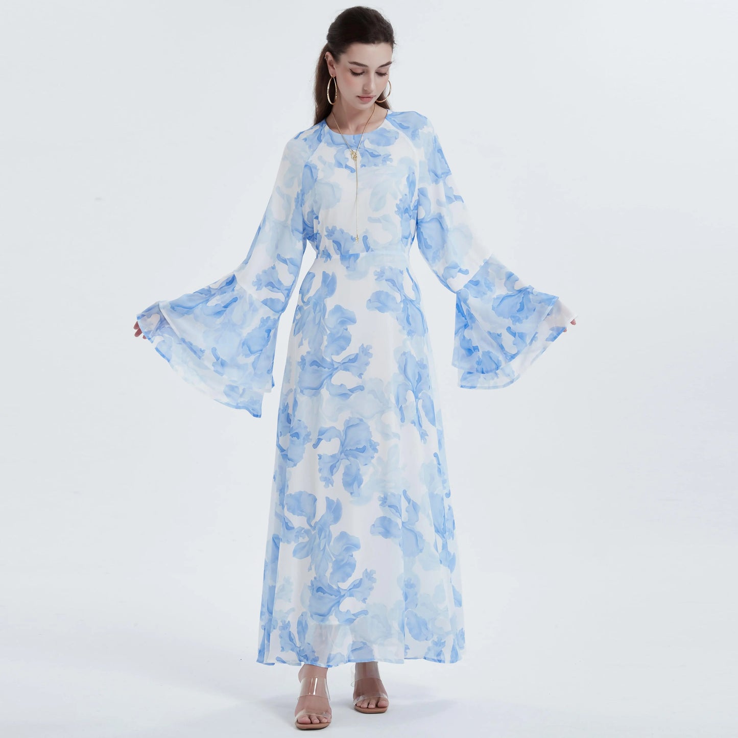 Ramadan kebaya Muslim women's chiffon print flared sleeve dress headscarf two-piece set.