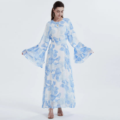 Ramadan kebaya Muslim women's chiffon print flared sleeve dress headscarf two-piece set.