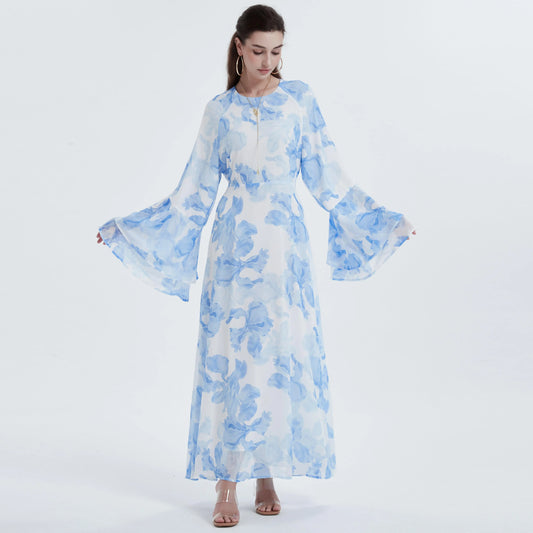 Ramadan kebaya Muslim women's chiffon print flared sleeve dress headscarf two-piece set.