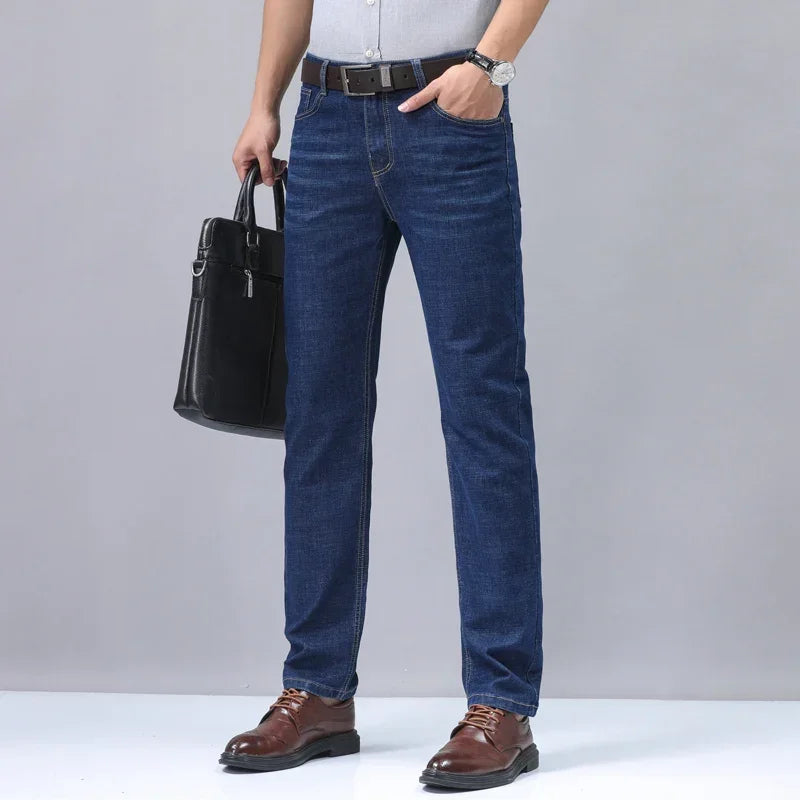 2024 New Brand Men's Fit Straight Lightweight Cotton Stretch Denim Pants Casual Male High Waist Thin Light Blue Business Jeans