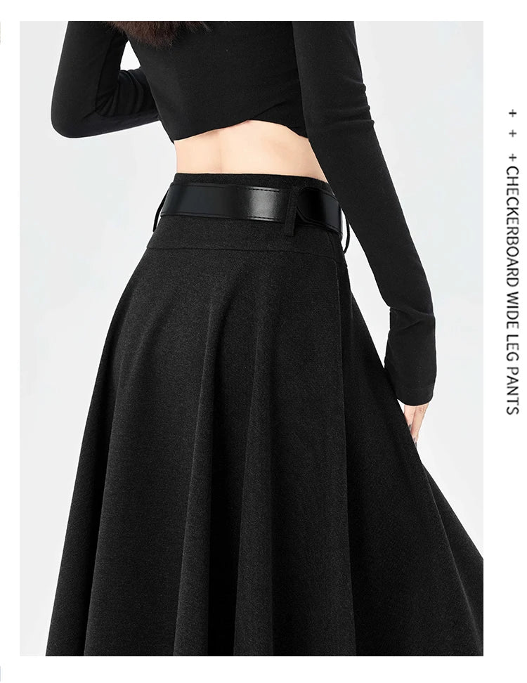 High Quality Irregular Woolen Skirt Women 2025 Autumn Winter New High Waist Slimming Midi Skirt Elegant A-line Faldas with Belt.