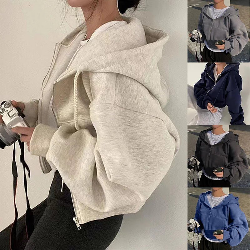 2024 Frühling Herbst Neues, mit Fleece gefüttertes, vielseitiges, abgeschnittenes Slims glättet Silhouette mit Reißverschluss, warmes, marineblaues Kapuzen-Sweatshirt für Damen.