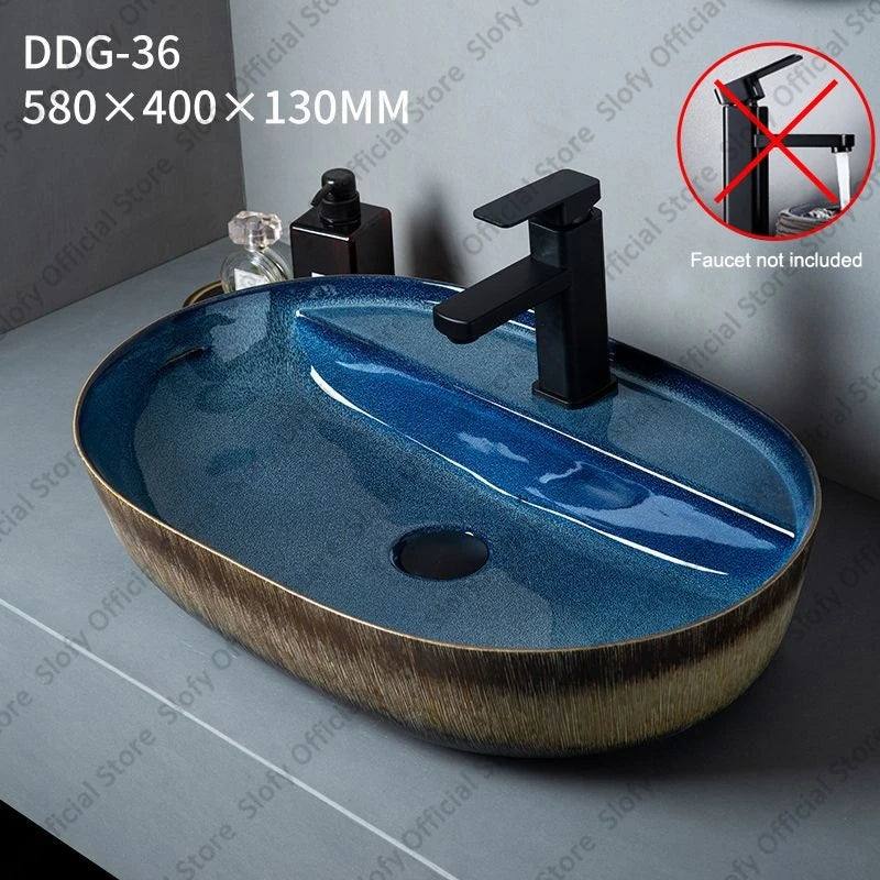 Vintage Elegant Countertop Washbasin Classic Blue Art Hotel Ceramic Basins Sink Multiple Styles Outdoor Balcony Bathroom Sinks