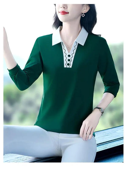 2025 Autumn New Women Clothes Office Lady Simplicity Patchwork Polo-Neck Top Tee Ladies Fashion Loose Buttons Long Sleeve Shirts.