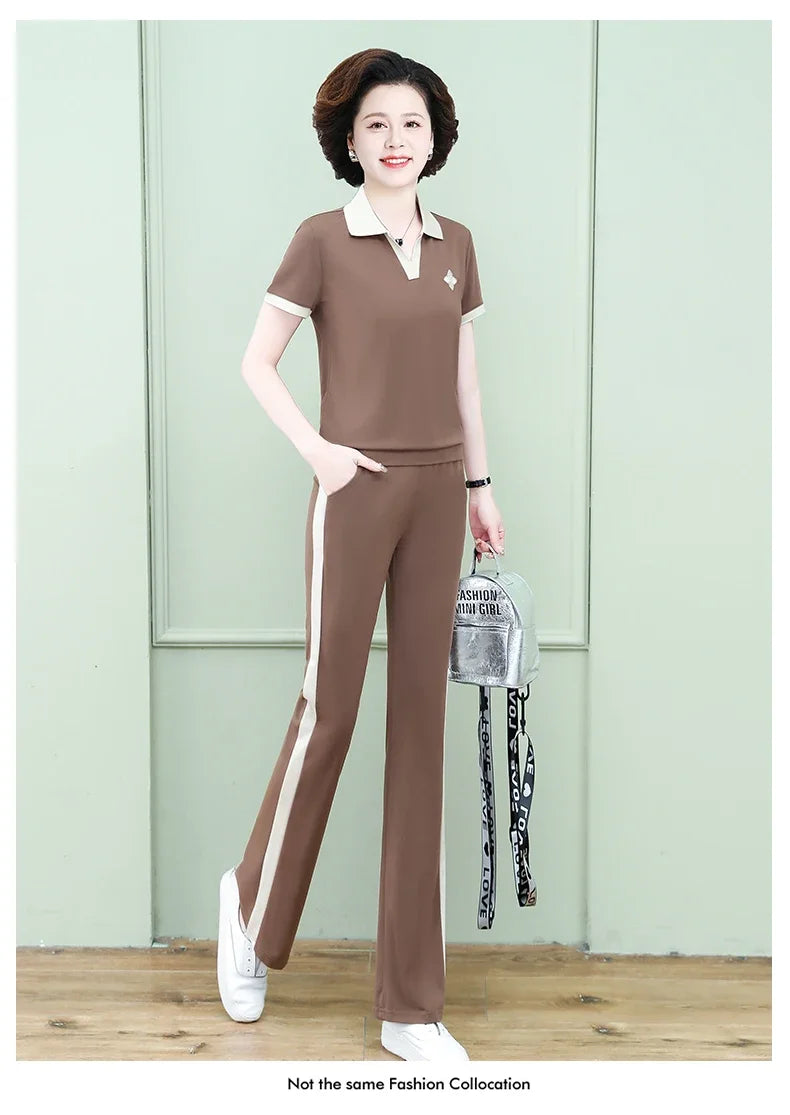 Casual Breathable Short Sleeve Sportswear Set for Middle-Aged Mothers Fashionable Summer Clothing Grandmother Style.