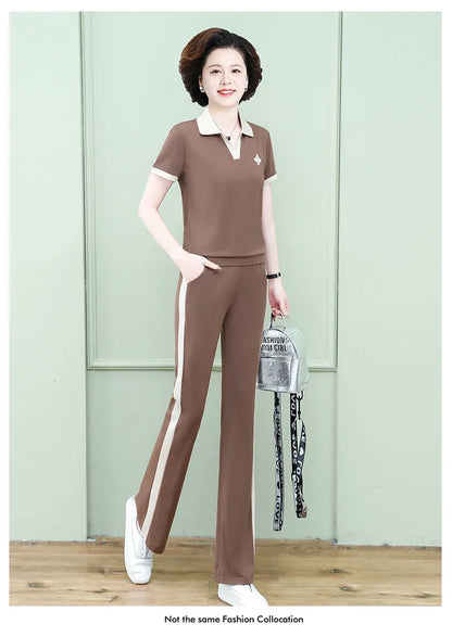 Casual Breathable Short Sleeve Sportswear Set for Middle-Aged Mothers Fashionable Summer Clothing Grandmother Style.