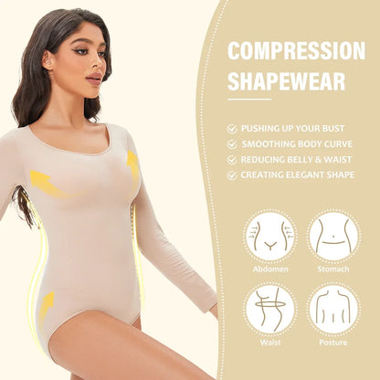POKARLA Spandex Elastic Body Suit Shapewear Women Body Shaper Tummy Control Long Sleeve Open Crotch Round Neck Seamless Shapers.