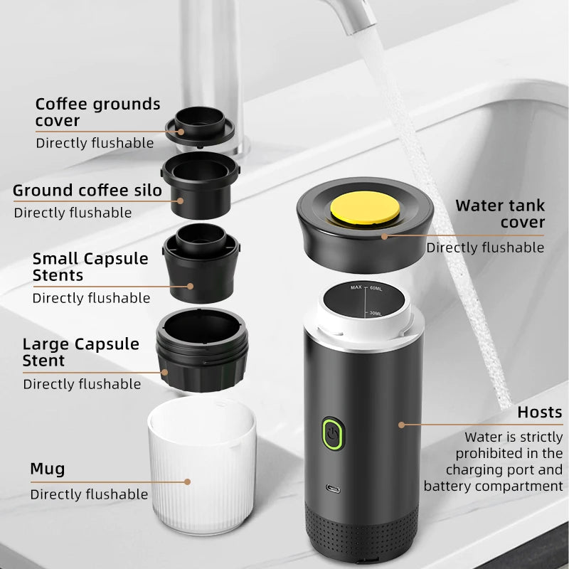 Wireless Electric Portable Espresso Coffee Machine for Car & Home Camping Coffee Maker 3-in-1 Capsule Powder Travel Coffee Maker.