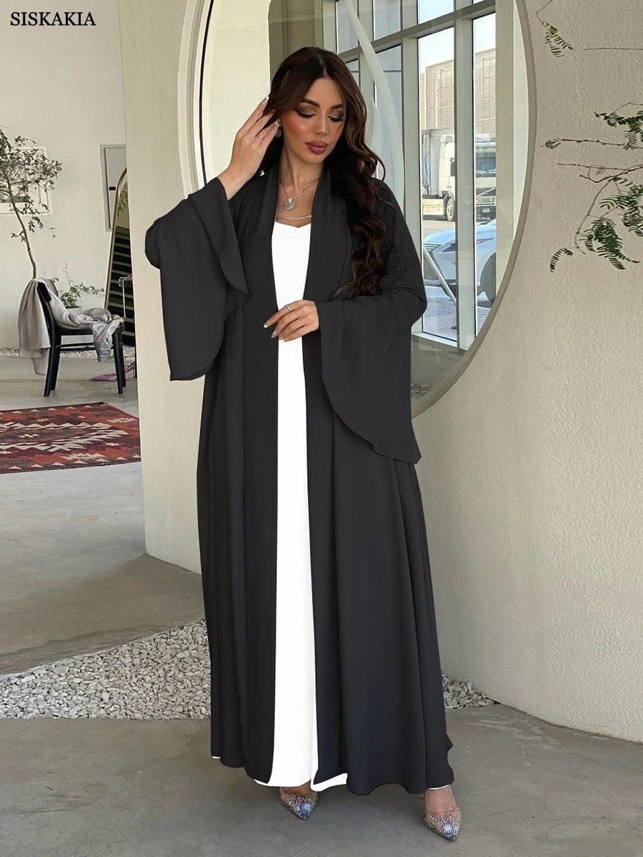 Siskakia Muslim Open Kimono Abaya For Moroccan Women Fashion Ruffle Sleeve Arab Dubai Clothing Jalabiyat Turkey Soft Gulf Robe.