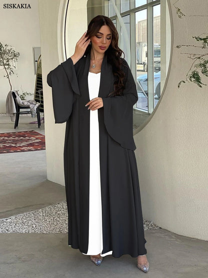 Siskakia Muslim Open Kimono Abaya For Moroccan Women Fashion Ruffle Sleeve Arab Dubai Clothing Jalabiyat Turkey Soft Gulf Robe.