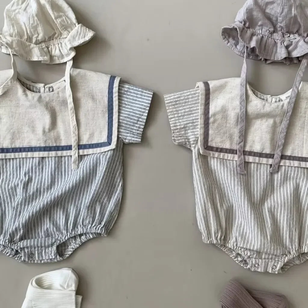 6754 koreanische Neugeborenen Kleidung Sommer neue Marine Revers vertikale Streifen Jungen einteilige Kleidung lässige Mädchen Kletter kleidung.