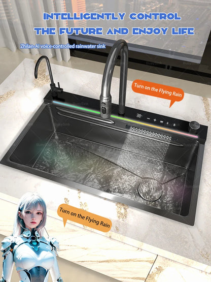 AI voice-controlled Stainless Steel Kitchen Sink With Waterfall  Embossed Large Single Slot Multifunction Dishwashing Sinks