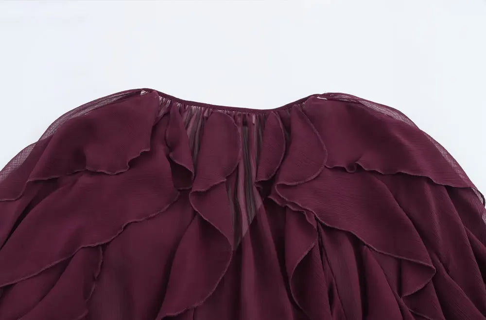 Women Fashion With Ruffles Semi-sheer Blouses V Neck Long Sleeve Button-up Female Shirts Chic Tops.