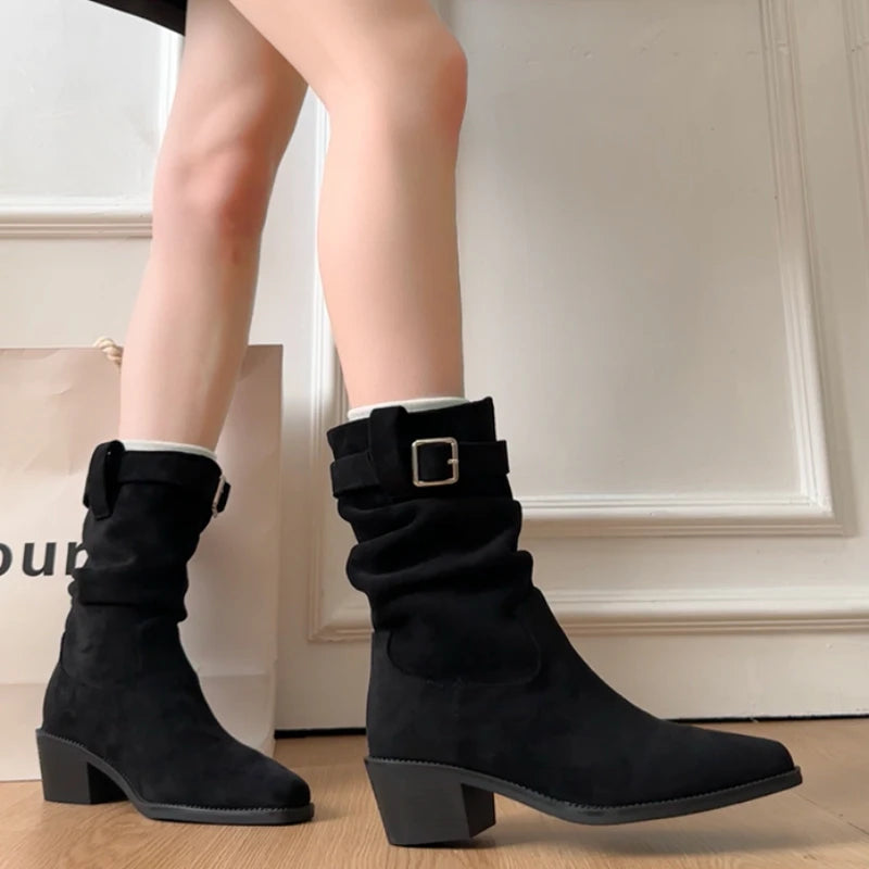 Autumn Winter Suede Pointed Toe Women Ankle Boots Fashion Slip On Thick Heel Shoes Ladies Elegant Slim Short Booties.