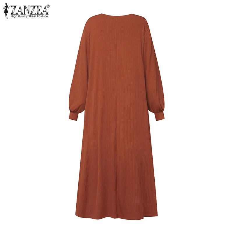 ZANZEA Fashion Muslim Abaya Women Autumn Maxi Sundress Casual Long Sleeve Kaftan Hijab Vestido Solid Loose Islamic Clothing 2024.