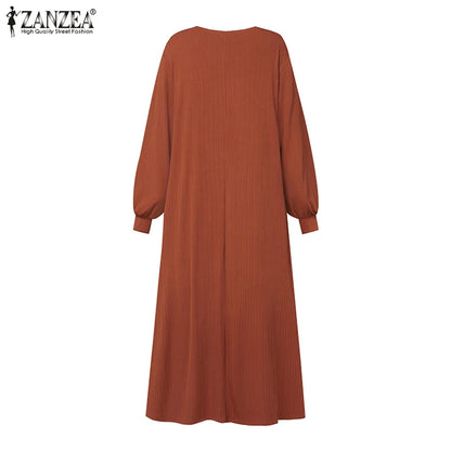 ZANZEA Fashion Muslim Abaya Women Autumn Maxi Sundress Casual Long Sleeve Kaftan Hijab Vestido Solid Loose Islamic Clothing 2024.