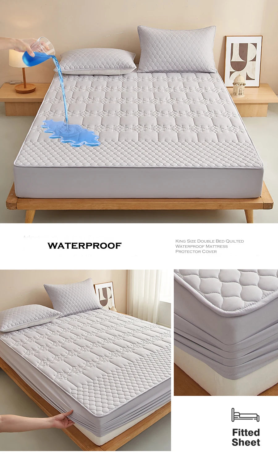 WASART King Size Double Bed Quilted Waterproof Mattress Protector Cover Elastic Fitted Sheet Protection Pad Thick Bedspread 150