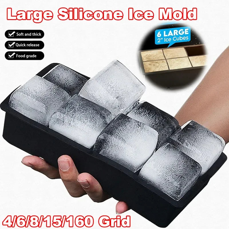 4/6/8/15/160 Grid Big Ice Tray Mold Giant Jumbo Large Food Grade Silicone Ice Cube Square Tray Mold DIY Ice Maker Ice Cube Tray.