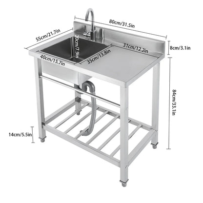 Kitchen Sink with Base Cabinet, Stainless Steel Sink 80 cm Wide with Trim, Freestanding Sink with Tap, Drain Hose, Kitchen Sink