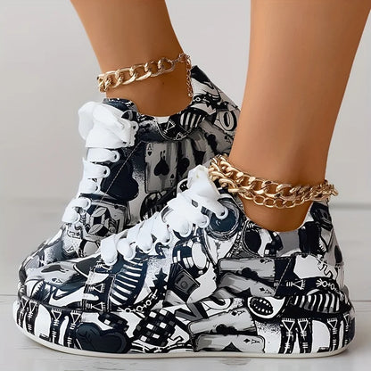 Women's Graffiti Print Sneakers Fashion Lace-up Low-top Platform Sneakers Casual Skateboard Shoes Sneakers New Vulcanized Shoes.