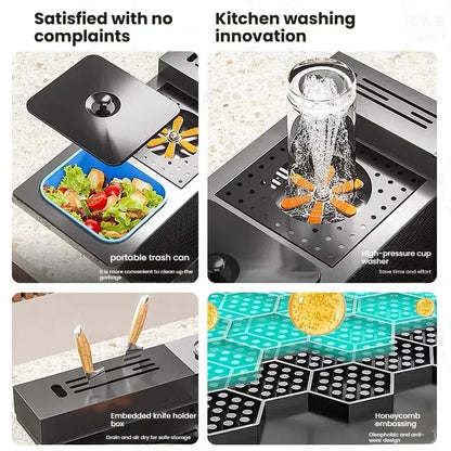 Smart Digital Display Waterfall Faucet Kitchen Sink With Knife Holder and Trash Can Household Wash Dish Basin Large Single Slot