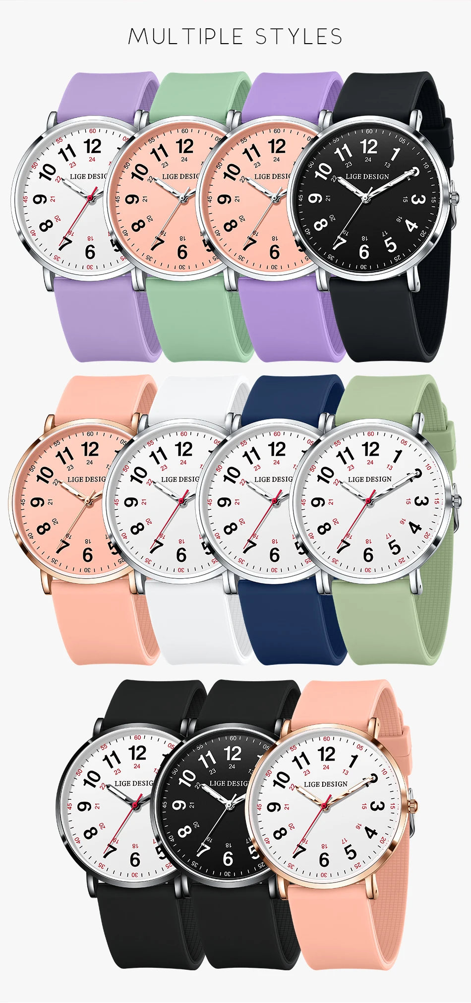 LIGE Fashion Elegant Watches for Woman Ladies Candy Color Silicone Casual Luminous Waterproof Dress Quartz Women's Wristwatches.