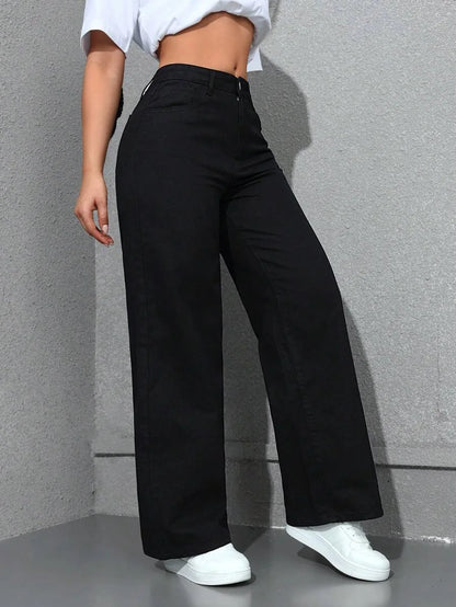Retro Loose Wide Leg Jeans Fashion Women Solid Straight Wash High Elastic Waist Denim Pants Casual Streetwear Pocket Trousers.