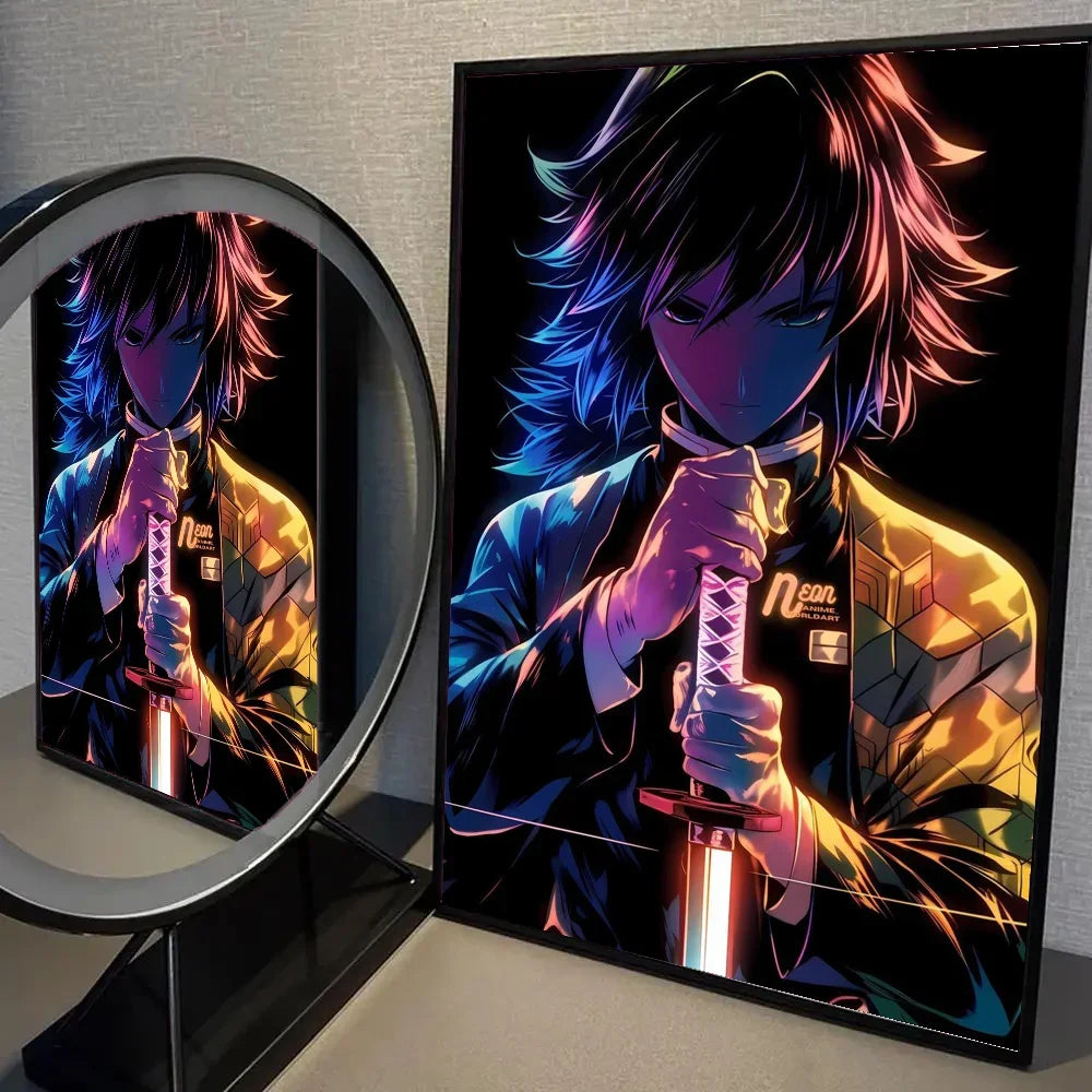 1pc Neon Effect Japan Anime Demon Slayer Tanjiro Nezuko Character Poster Self-adhesive Art Waterproof Paper Sticker Wall Decor.