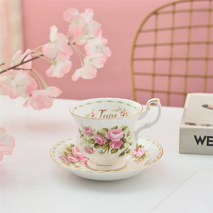 Coffee Cup and Saucer Set Month Flower Mug Bone China Drinking Set Ceramic Cup and Saucer Home Teacup Dessert Saucer Gifts.