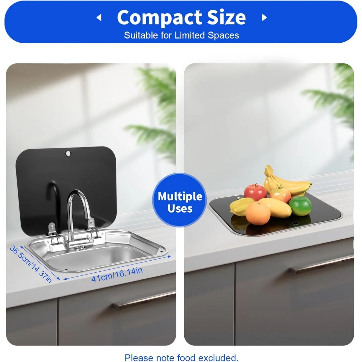 Wohnwagen-Wohnmobil-Spüle mit klappbarem Wasserhahn und Deckel aus gehärtetem Glas, 16-Zoll-Spüle im Bar-Boot, Spüle aus Edelstahl, Wohnmobil-Camping-Küchenspüle