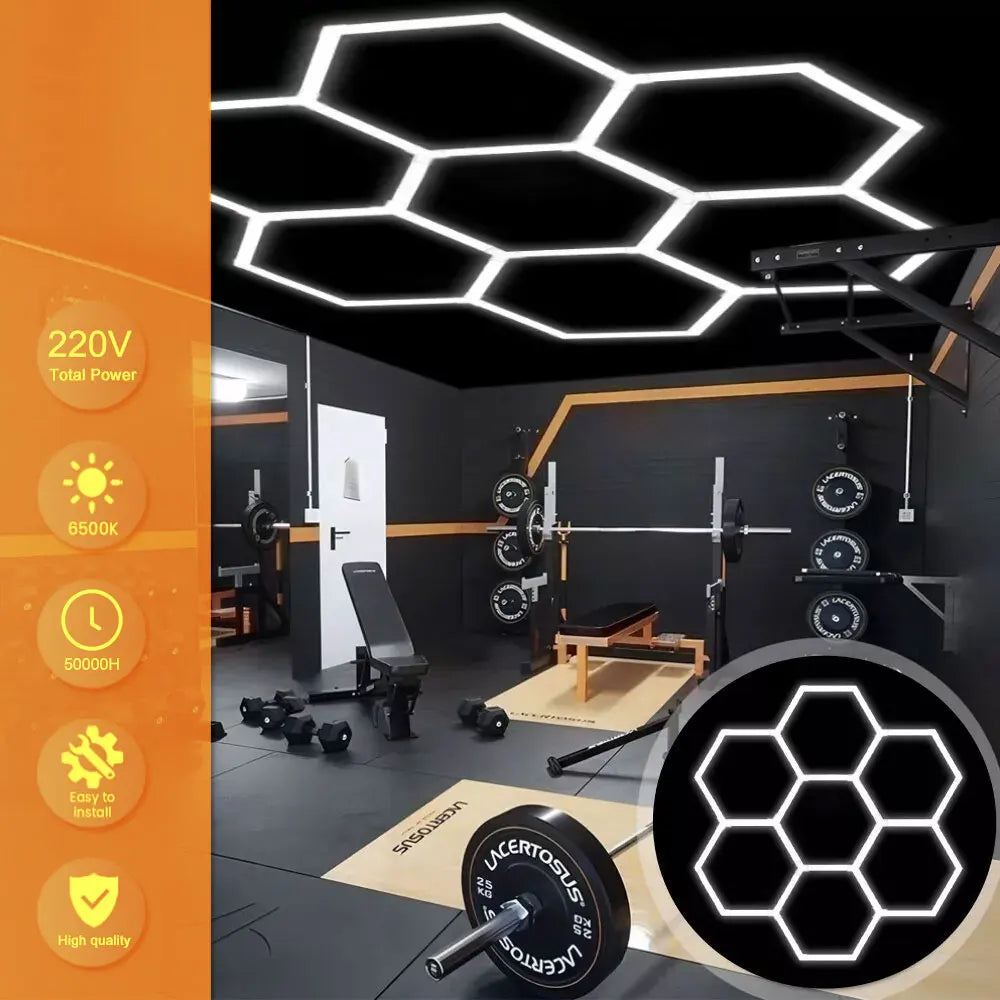High brightness honeycomb hexagonal garage LED light 6500K suitable for garages, 4S workshops, car beauty shops, gyms.