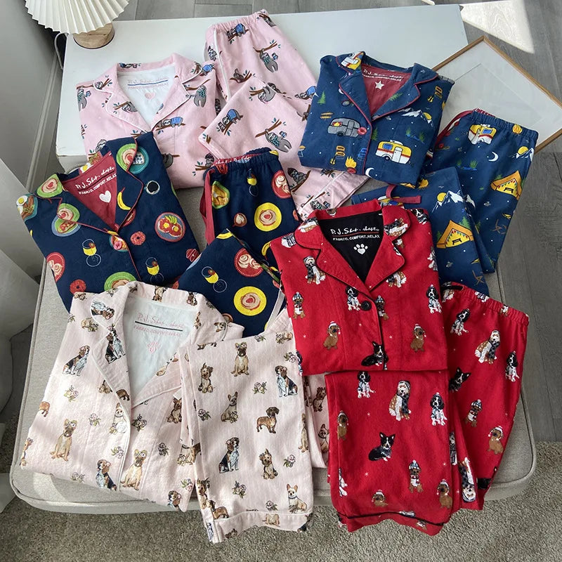 2025 New Pajamas Suit Cotton 2 Piece Set Women Print Cartoon Nightwear Long Sleeve Trousers Set Autumn Loungewear Home Clothes.