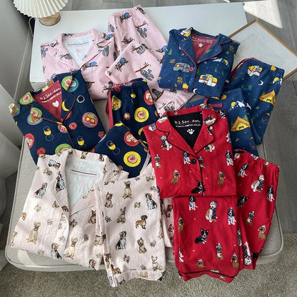 2025 New Pajamas Suit Cotton 2 Piece Set Women Print Cartoon Nightwear Long Sleeve Trousers Set Autumn Loungewear Home Clothes.
