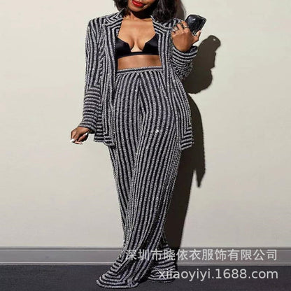 Sexy Women Two Piece Sets Print Striped Slim Fit Full Sleeve Coats Office Ladies Knitted Floor Length Pants Set Temperament.