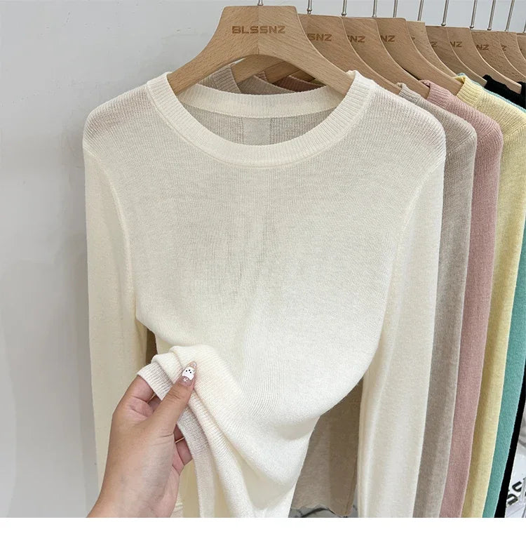 Spring  Basic O-Neck Slim T-Shirt Women Solid Multi Color All-Match Trend Casual Top Screw Knit Long Sleeve Elastic Office Lady.