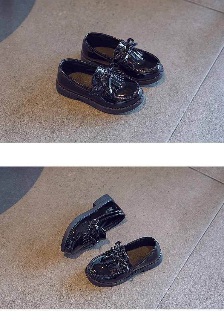 Girls Casual Leather Shoes Kids Flats Tassels with Bow-knot British Style Soft Slip-on Loafers for Wedding Party Bright Skin New.