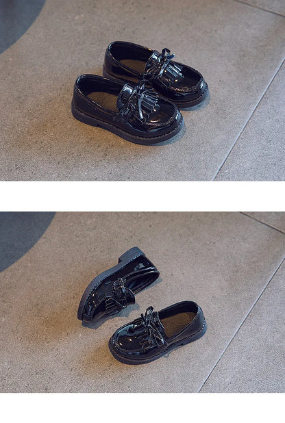 Girls Casual Leather Shoes Kids Flats Tassels with Bow-knot British Style Soft Slip-on Loafers for Wedding Party Bright Skin New.