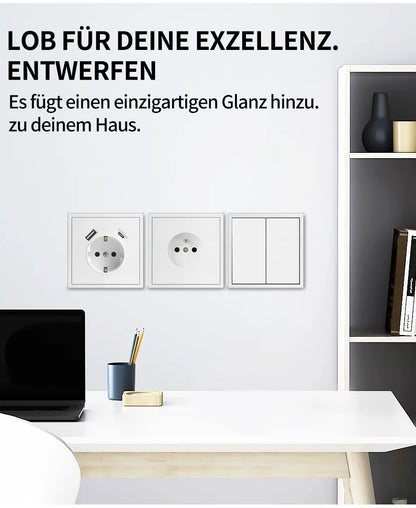 Europäische Wandsteckdose, EU-Steckdose, USB-Typ-C-Ladeanschlüsse, 1/2-Gang-Lichtschalter, 16 A 250 V, Unterputzmontage, weißes Panel, 80 x 80 mm.