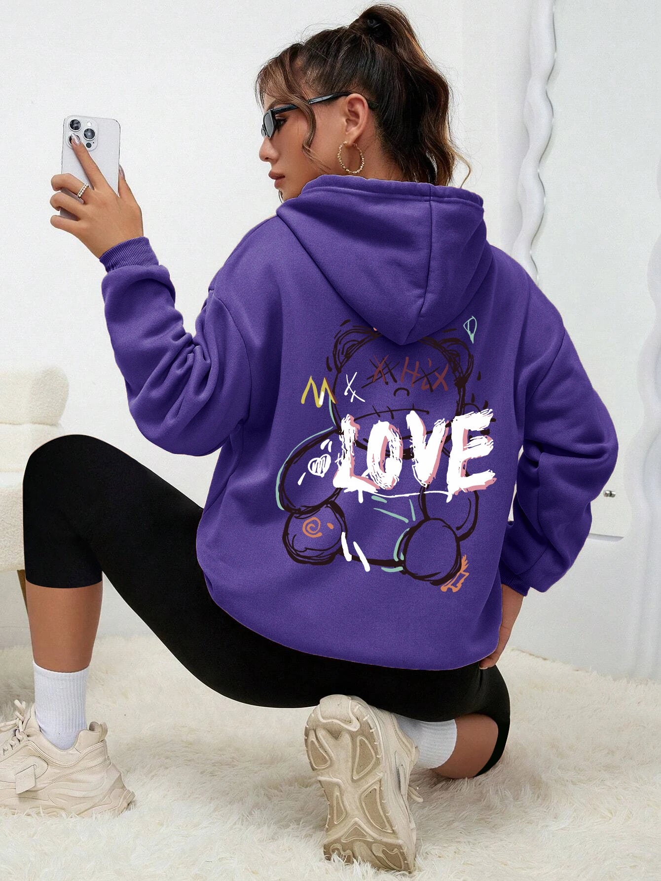 Graffiti Linie Bär Einfache Druck Weibliche Hoody Harajuku S-Xxl Sweatshirt Mode Lässig Straße Mit Kapuze Herbst Warme Streetwear Frauen