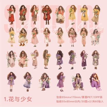 60 pcs Hand malerei Mode süße Mädchen Menschen Aufkleber Vintage Cartoon Mode Mädchen Sammelalbum Ölgemälde Illustration Aufkleber.
