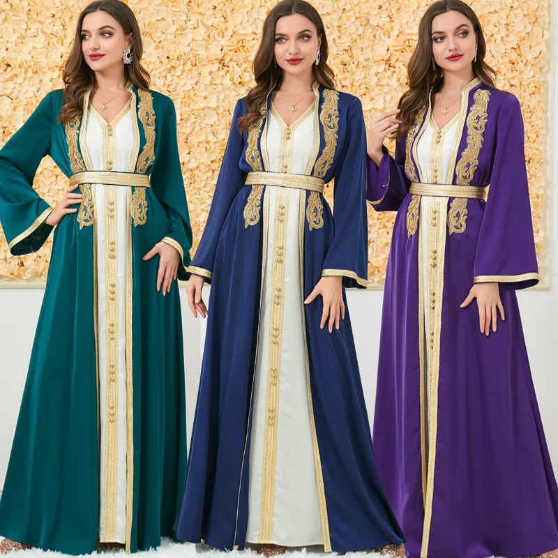 Maßgeschneiderte muslimische Sets, elegante muslimische Frauen, Sommer, langärmelig, V-Ausschnitt, Polyester, lila, 2-teiliges Kleid, Mantel, passende Sets, Muslim.