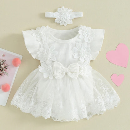 Visgogo Neugeborenen Baby Stram pler Kleid 2 Stück Outfits Mesh Spitze Patchwork Rüschen Bodysuit und Stirnband süße Sommerkleid ung