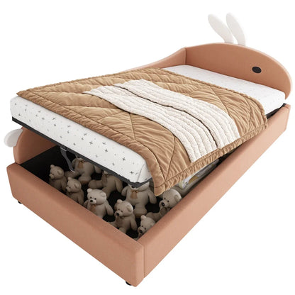Polsterbett, Einzelbett, Babybett, niedlicher Hasenkopf, hydraulisches Bett mit Stauraum, erhöhter weicher Zaun, Samt, rosa + weiß, 90 x 200 cm