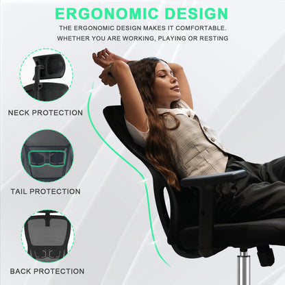 Durrafy Ergonomischer Bürostuhl, Schreibtischstuhl mit verstellbarer Kopfstütze, Armlehnen und Lordosenstütze, Netzdrehstühle, Schwarz