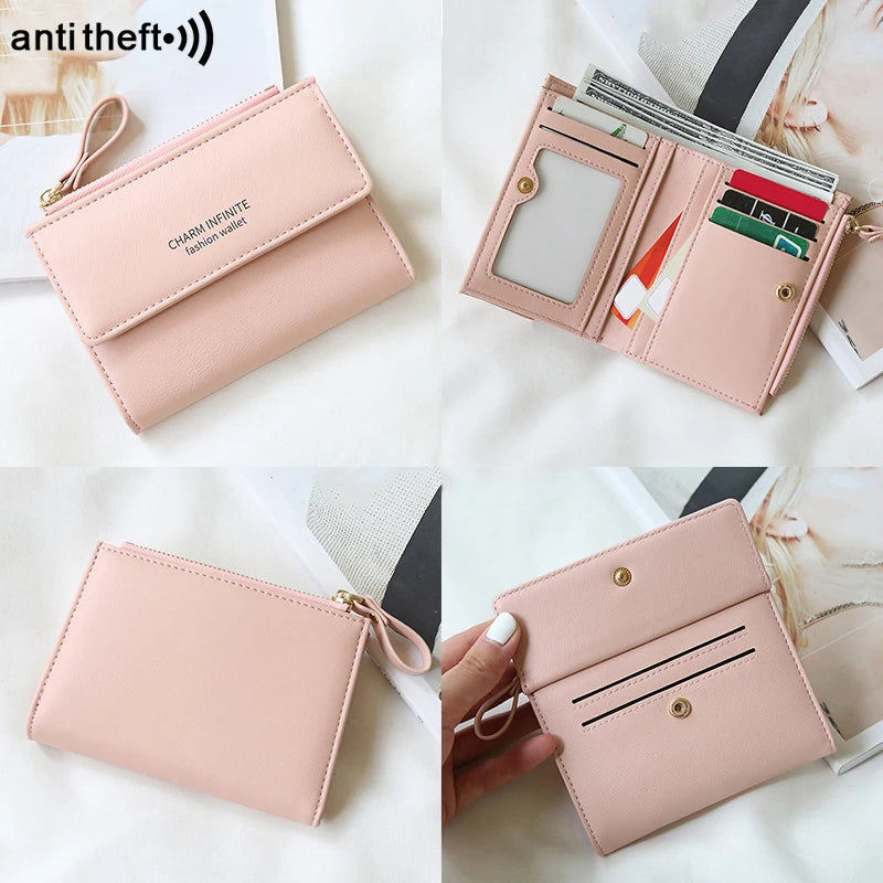 RFID Anti-Theft Short Card Bag for Women, Brush, PU, Solid Color, Zipper Buckle, Multi-functional Fashion, Small Purse.