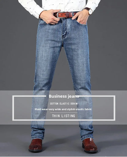 New Business Men's Jeans Casual Straight Stretch Fashion Classic Smoke Gray Blue Black Work Denim Trousers Male Brand Clothing.