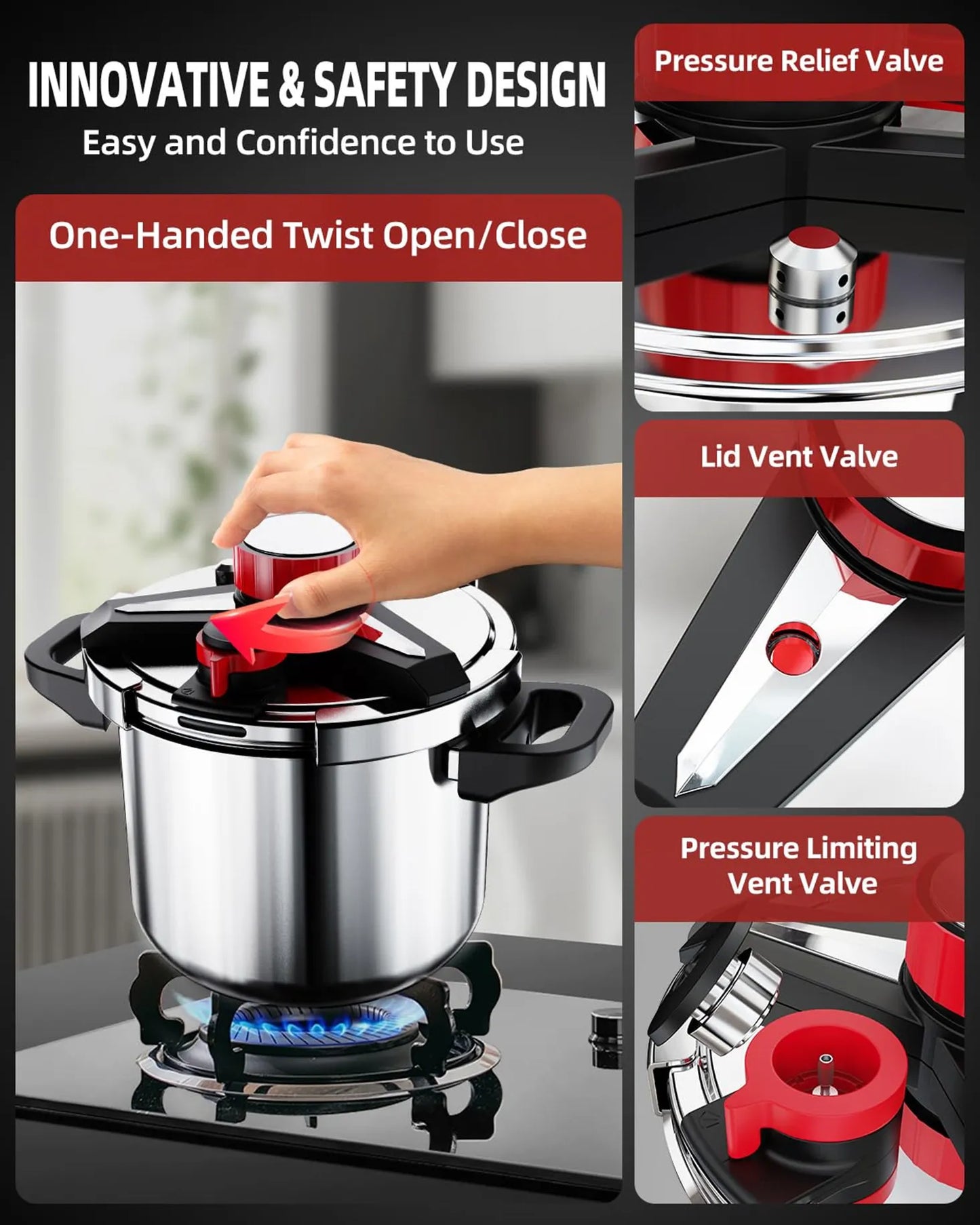 KITCHJOY 3in1 Stainless Steel Pressure Cooker 6L 8L 10L 12L Pressure Canner Induction Compatible Glass Lid Steamer Rack Included.