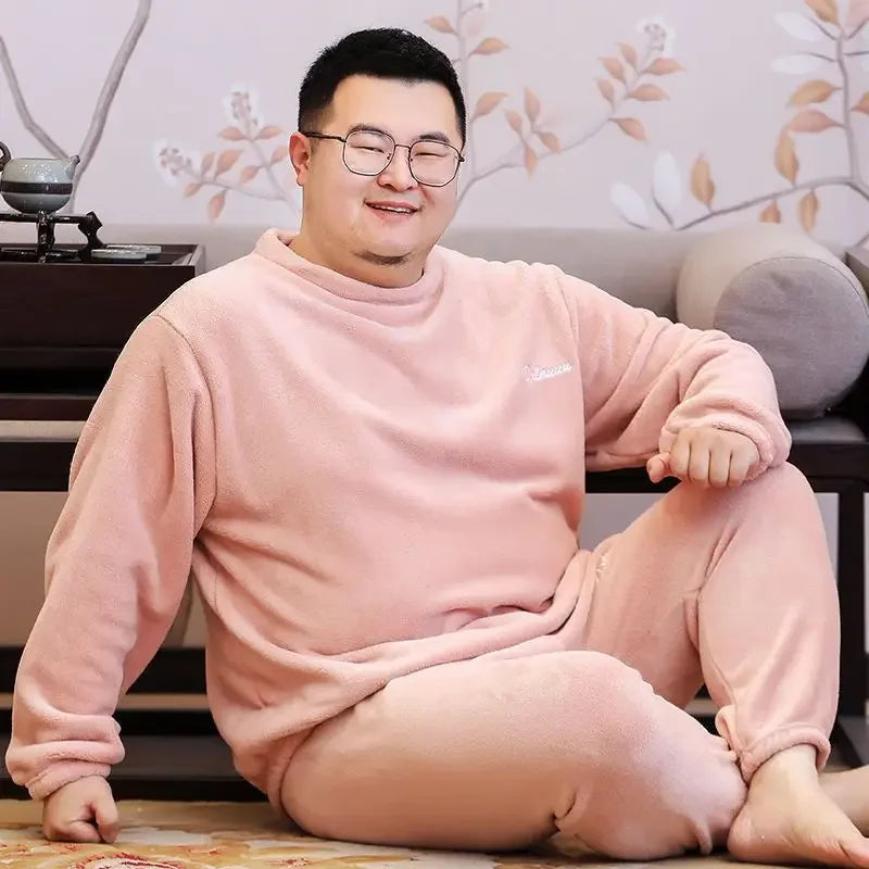 Winter Pajamas Coral Fleece Warm Pajamas Set Thick Long Sleeve Large Size 85kg Outside Pajamas Elastic Waist Trousers Pajama Set.